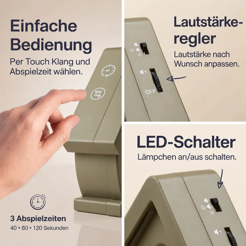 Melodiez Nature Box Midnight Light Taupe: Bedienung, Lautstärke und LED-Schalter